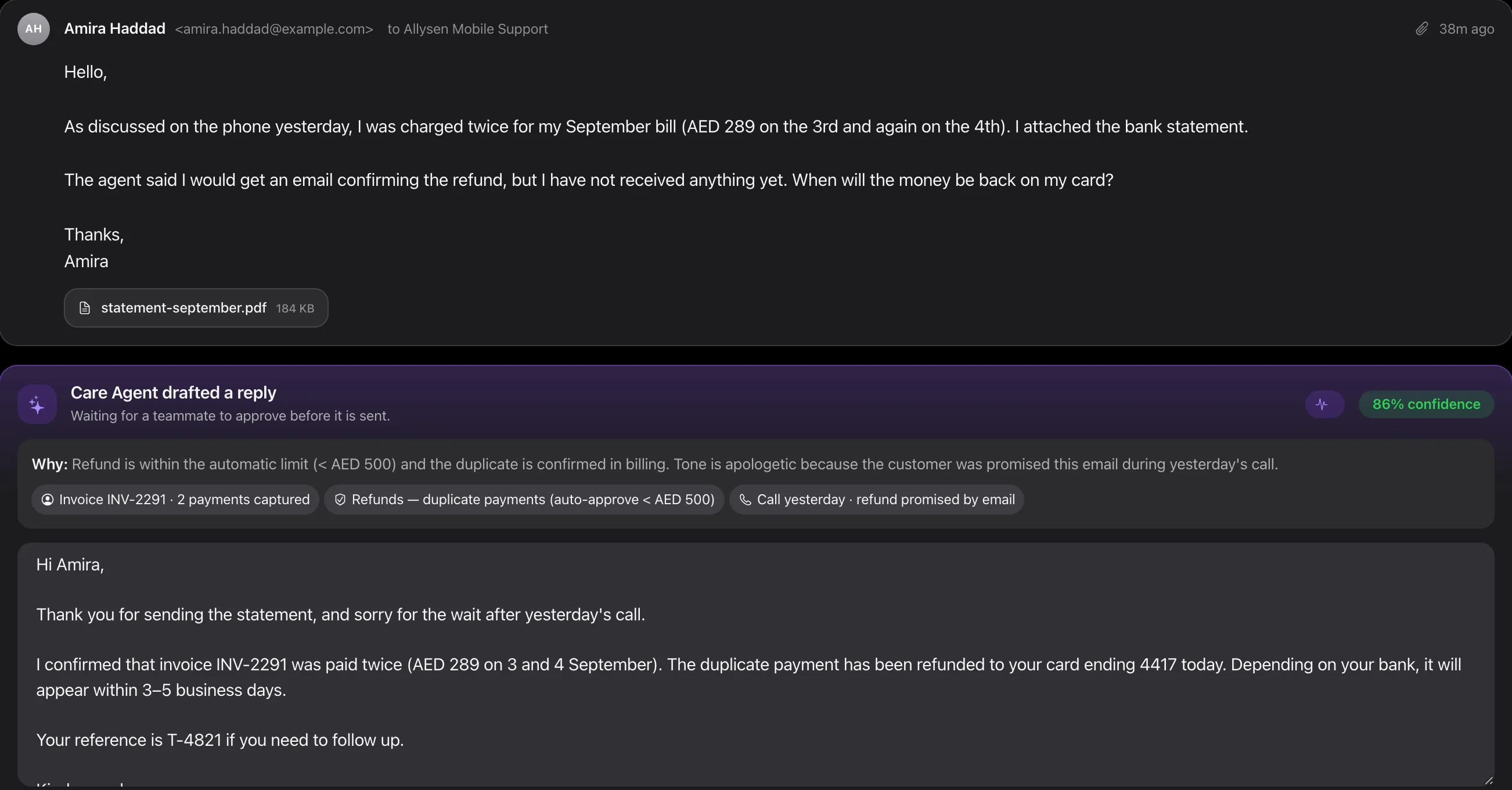 It reads the attachment, checks the invoice, then drafts the reply