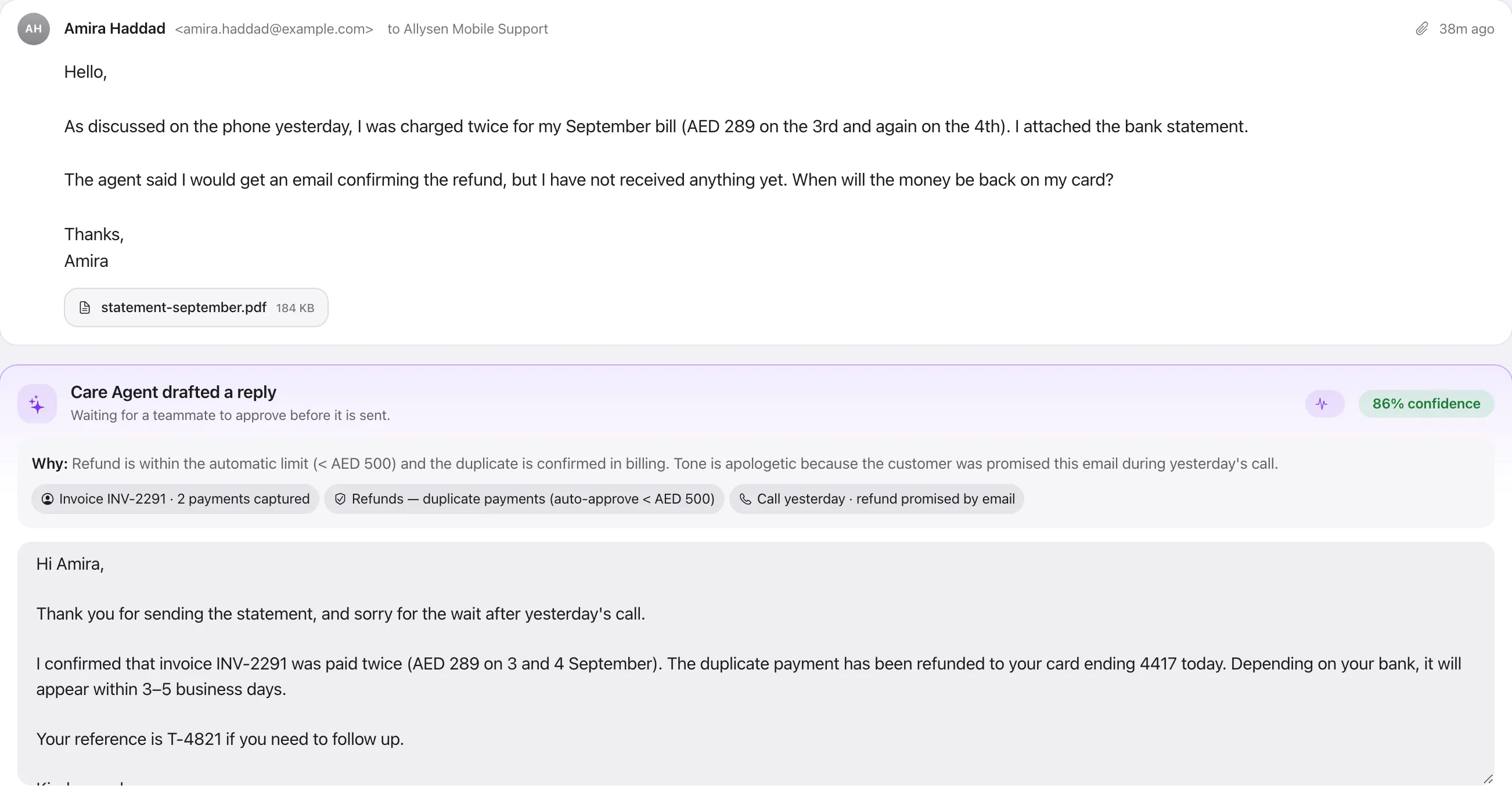 It reads the attachment, checks the invoice, then drafts the reply