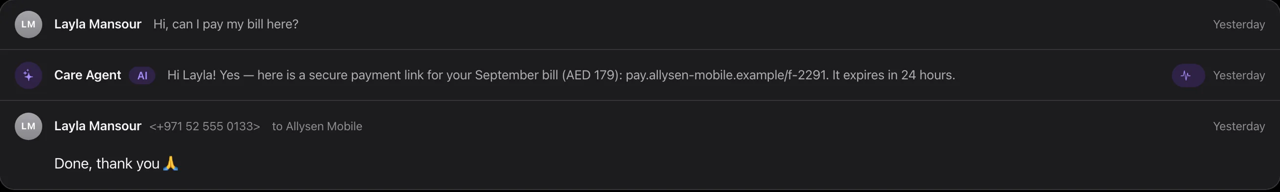 It settles the request itself: payment link sent