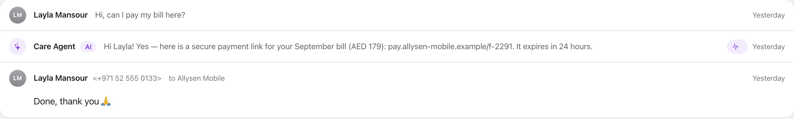 It settles the request itself: payment link sent